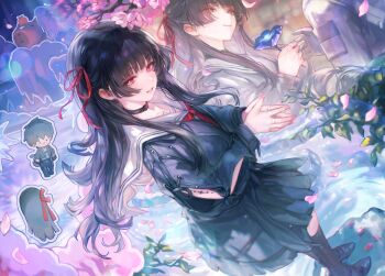 1boy 1girl arm_cutout bibimbub black_choker black_gloves black_hair black_jacket black_shirt black_skirt chisa_(wuthering_waves) choker clothing_cutout commentary english_commentary gloves hair_ribbon highres jacket long_hair long_sleeves male_rover_(wuthering_waves) namipon_(wuthering_waves) neckerchief parted_lips red_eyes red_neckerchief red_ribbon ribbon rover_(wuthering_waves) sailor_collar shirt skirt smile solo_focus white_sailor_collar wuthering_waves