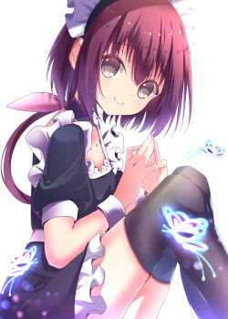 1girl absurdres alternate_costume apron black_choker black_dress black_thighhighs blue_butterfly bug butterfly c: choker closed_mouth commentary dress enmaided feet_out_of_frame frilled_apron frilled_dress frills from_side glowing_butterfly grey_eyes hair_between_eyes hair_ribbon hands_up highres insect knees_up light_particles long_hair low_ponytail maid maid_apron maid_headdress nanami_(summer_pockets) own_hands_together pink_ribbon ponytail puffy_short_sleeves puffy_sleeves purple_hair ribbon ringed_eyes short_dress short_sleeves simple_background sitting smile solo steepled_fingers sukonbu385 summer_pockets thighhighs watermark white_apron white_background white_wrist_cuffs wrist_cuffs zettai_ryouiki