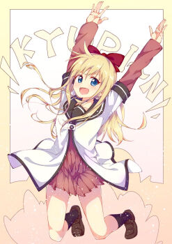 Rule 34 | 1girl, :d, \||/, arms up, black sailor collar, black socks, blonde hair, blue eyes, bow, brown shoes, buttons, commentary request, dress, full body, hair bow, hair ornament, jumping, kneehighs, layered sleeves, loafers, long hair, long sleeves, looking at viewer, nanamori school uniform, open mouth, outstretched arms, pizza (pizzania company), pleated dress, red bow, red dress, ribbon, sailor collar, sailor shirt, school uniform, shirt, shoes, short dress, short over long sleeves, short sleeves, smile, socks, solo, toshinou kyouko, white shirt, yellow background, yuruyuri