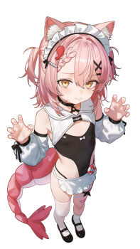 Rule 34 | 1girl, absurdres, animal ear fluff, animal ears, apron, bandaid, claw pose, commission, detached sleeves, eco 376124, hair ornament, highres, looking at viewer, maid headdress, original, pink hair, pixiv commission, shoes, simple background, single thighhigh, solo, tail, thighhighs, white background, white thighhighs, x hair ornament