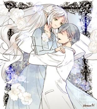 1boy 1girl arms_around_waist blue_flower breasts bridal_veil bride closed_eyes closed_mouth couple cowboy_shot dress earrings elf flower forget-me-not_(flower) frieren green_eyes grey_dress grey_hair groom hair_between_eyes hair_flower hair_ornament hands_on_another&#039;s_shoulders hetero himmel_(sousou_no_frieren) hug husband_and_wife jacket jewelry long_dress long_hair long_sleeves nanahachi_77889 open_mouth parted_bangs pointy_ears ring short_hair small_breasts smile sousou_no_frieren twintails twitter_username veil wedding wedding_dress wedding_ring white_flower white_hair white_jacket
