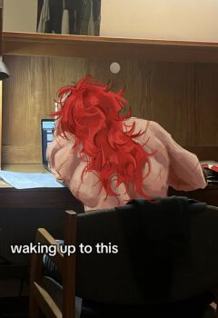 1boy computer diluc_(genshin_impact) english_text from_behind genshin_impact highres meme multiple_scars muscular muscular_male red_hair s3rdtse scar sitting topless_male waking_up_to_this_(meme)