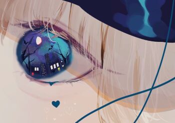 1girl bare_tree blue_eyes blue_hat building commentary_request eye_focus eye_reflection hat heart komeiji_koishi moon night reflection shinjitsu_no_kuchi sky solo star_(sky) starry_sky touhou tree white_hair