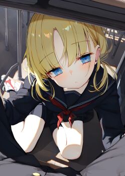 1boy 1girl black_sailor_collar black_serafuku black_shirt black_skirt black_socks blonde_hair blue_eyes blush classroom commentary_request desk indoors kamizaki_hibana looking_at_viewer original parted_bangs parted_lips pleated_skirt sailor_collar school_uniform serafuku shirt shoes skirt sneakers socks under_table white_shoes