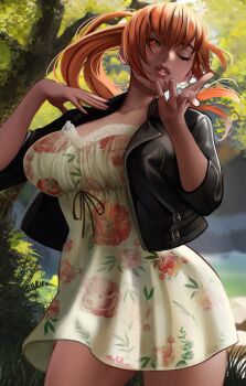 1girl blonde_hair blowing_kiss breasts brown_hair dead_or_alive dead_or_alive_5 dress flower_print highres jacket kasumi_(doa) kirani large_breasts leather leather_jacket lips long_hair one_eye_closed ponytail short_dress short_sleeves tree wink