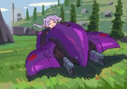 1girl :3 =_= animated closed_mouth crossover day driving earrings elf floating_hair frieren ghost_(halo) grass halo_(series) hover_bike jewelry kanokoga lineart making-of military_vehicle monochrome outdoors pointy_ears purple_hair science_fiction simple_background sketch solo sousou_no_frieren tree twintails vehicle_focus video white_background