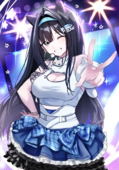 1girl absurdres ahoge animal_ears asymmetrical_bangs bare_shoulders black_hair blue_hairband blush bracelet breasts cleavage_cutout clothing_cutout commentary_request cowboy_shot eb_030 fish_hair_ornament goddess_of_victory:_nikke grey_eyes hair_ornament hairband headset highres idol jewelry korean_commentary large_breasts long_hair looking_at_viewer mint_(nikke) multicolored_skirt multiple_bracelets one_eye_closed ring skirt solo stage standing star_(symbol) very_long_hair w white_nails