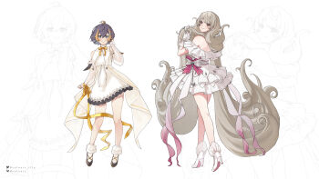 Rule 34 | 2girls, :d, absurdres, bealouis illu, black hair, blonde hair, blue eyes, blush, commentary, detached sleeves, dress, english commentary, full body, gloves, grey hair, grin, hair between eyes, high heels, highres, long hair, low twintails, multiple girls, nijisanji, nijisanji en, off-shoulder dress, off shoulder, open mouth, petra gurin, pink eyes, playing with own hair, reimu endou, see-through clothes, see-through sleeves, short hair, smile, twintails, very long hair, virtual youtuber, white background, white dress, white gloves, zoom layer