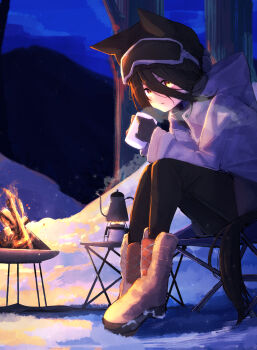 1girl absurdres animal_ears black_gloves black_hair boots brown_boots campfire camping chair coffee_mug coffee_pot commentary_request cup ears_under_headwear folding_chair gloves goggles goggles_on_head gorioshi0802 hair_between_eyes highres horse_ears horse_girl horse_tail long_hair_between_eyes looking_at_viewer manhattan_cafe_(umamusume) mug night on_chair outdoors sitting solo tail umamusume yellow_eyes