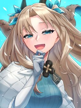 Rule 34 | 1girl, black flower, blonde hair, blue background, blue bow, blue eyes, blush, bow, breasts, commentary request, elbow gloves, ereshkigal (fate), ereshkigal (swimsuit beast) (fate), eyelashes, fate/grand order, fate (series), flower, flower ornament, gloves, half-closed eyes, hand on own chin, hand up, headgear, highleg, highres, jacket, long hair, looking at viewer, medium breasts, open clothes, open jacket, open mouth, parted bangs, simple background, smile, solo, space ereshkigal (fate), two side up, upper body, white gloves, white jacket, yotaaaaka