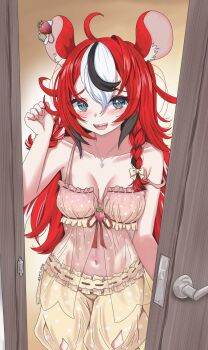 1girl animal_ears black_hair black_panties blue_eyes breasts cleavage doorway hakos_baelz hakos_baelz_(strawberry_onesie) highres hololive hololive_english long_hair looking_at_viewer medium_breasts mouse_ears mouse_girl multicolored_hair navel official_alternate_costume open_mouth panties red_hair sharp_teeth smile solo streaked_hair teeth underwear upper_teeth_only varo_006 very_long_hair virtual_youtuber white_hair