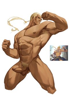 1boy abs armpit_hair armpits bara biceps blonde_hair closed_mouth completely_nude cropped_legs dark-skinned_male dark_skin facial_tattoo fighting_stance fire_emblem fire_emblem:_the_blazing_blade fire_emblem_heroes gluteal_fold hawkeye_(fire_emblem) highres huge_pectorals large_pectorals male_focus mature_male muscular muscular_male my_eight navel nintendo nipples nude pectorals penis ponytail pubic_hair reference_inset solo strongman_waist tattoo testicles thick_thighs thighs topless_male uncensored white_background
