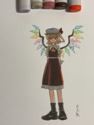 Rule 34 | 1girl, arms behind back, art tools in frame, ascot, blonde hair, closed mouth, dress, expressionless, flandre scarlet, frilled hat, frills, full body, hat, highres, looking at viewer, marker (medium), mob cap, multicolored wings, nike (company), one side up, photo (medium), puffy short sleeves, puffy sleeves, red dress, red eyes, shiratama (hockey), shoes, short hair, short sleeves, signature, sneakers, solo, standing, touhou, traditional media, white hat, wings, yellow ascot