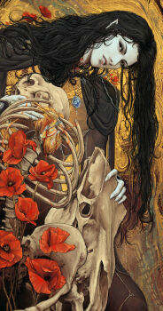 Rule 34 | 1boy, absurdres, animal skull, black hair, cape, d (vampire hunter d), flower, heart (organ), highres, jewelry, long hair, necklace, pale skin, parted lips, pointy ears, red eyes, skeleton, solo, swampybog, vampire hunter d