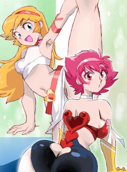 2girls all_fours arm_ribbon arm_support ass ass_cutout asymmetrical_pants belt bent_over black_pants blonde_hair blue_eyes breasts bubble_background choker clothing_cutout cutie_honey cutie_honey_(character) dual_persona eyeshadow facial_mark from_behind gloves green_background hairband heart heart_belt_buckle heart_choker heart_cutout heart_facial_mark heart_on_cheek kisaragi_honey long_hair looking_at_viewer looking_back makeup medium_breasts midriff multiple_girls navel onnaski open_mouth panties pants pink_eyeshadow pink_hair red_belt red_eyes red_ribbon red_shirt ribbon shirt short_hair skirt sleeveless sleeveless_shirt smile split standing standing_on_one_leg standing_split strapless tube_top underwear white_panties white_ribbon white_shirt white_skirt yellow_gloves