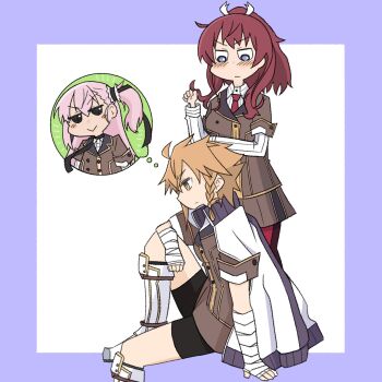 Rule 34 | 2girls, arm under breasts, bad anatomy, bad hands, bandaged arm, bandages, black choker, black shorts, blue border, blush, boots, border, braid, braided sidelock, brown jacket, brown skirt, choker, closed mouth, collared shirt, highres, jacket, jacket on shoulders, jitome, kazuemon, konohana suzuka, leg up, long hair, long sleeves, looking at another, medium hair, multiple girls, necktie, one side up, orange eyes, orange hair, origami family's elite guard uniform, outside border, pantyhose, pink hair, playing with own hair, ponytail, purple eyes, red hair, red necktie, red pantyhose, shidou maki (toji no miko), shirt, short hair, shorts, simple background, sitting, skirt, smile, smug, standing, striped clothes, striped shirt, thinking, toji no miko, tsubakuro yume, v-shaped eyebrows, white boots, white jacket, white shirt