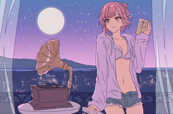 1girl bikini blue_shorts commentary_request cowboy_shot curtains d4dj full_moon gradient_sky hair_ornament hairclip hood hooded_jacket jacket long_sleeves moon night open_clothes open_jacket outdoors parallel_hairclips phonograph pink_hair purple_bikini purple_jacket purple_skirt sakurada_miyu see-through_curtains short_shorts shorts skirt sky solo standing star_(sky) starry_sky swimsuit yukitake_(bullfalk)
