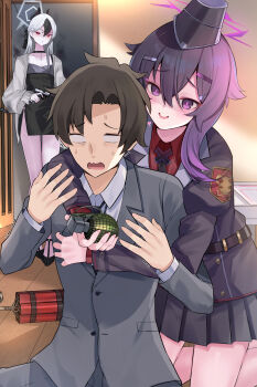 1boy 2girls absurdres angry aura black_choker black_dress black_hair black_hat black_skirt blackmail blank_eyes blue_archive blush bright_pupils brown_hair choker collarbone commentary cowboy_shot dark_aura demon_girl demon_horns dress dynamite explosive flirting formal_clothes garrison_cap grenade grey_hair grey_suit gun hair_between_eyes hair_ornament hairclip halo haruka_(blue_archive) hat heart hetero highres holding holding_grenade holding_gun holding_weapon horns hug hug_from_behind indoors jealous juliet_sleeves kayoko_(blue_archive) kayoko_(dress)_(blue_archive) kneeling long_hair long_sleeves looking_at_another medium_hair mi_taro333 miniskirt mole mole_on_neck multicolored_hair multiple_girls open_mouth pleated_skirt problem_solver_68_(blue_archive) puffy_sleeves purple_eyes purple_hair purple_halo red_eyes scared sensei_(blue_archive) sensei_(blue_archive_the_animation) shaded_face short_dress short_hair sitting skirt smile standing suit two-tone_hair weapon