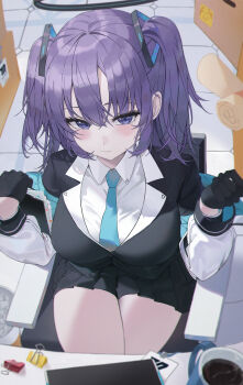 Rule 34 | 1girl, absurdres, black gloves, blue archive, breasts, commentary, cup, gloves, halo, highres, jacket, k.j., large breasts, looking at viewer, necktie, purple eyes, purple hair, shirt, sitting, skirt, solo, two side up, white shirt, yuuka (blue archive)