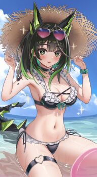 1girl absurdres alternate_costume animal_ears arknights bikini black_bikini black_hair blush breasts cleavage colored_inner_hair colored_tips commentary extra_ears eyewear_on_head fang frilled_bikini frills green_eyes green_hair green_scrunchie hat heart heart-shaped_eyewear highres ko-no looking_at_viewer medium_breasts medium_hair mon3tr_(arknights) multicolored_hair ocean open_mouth pink-tinted_eyewear revision scrunchie skin_fang solo straw_hat sunglasses swimsuit tail thigh_strap tinted_eyewear two-tone_hair wrist_scrunchie