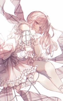 1other absurdres akiyama_mizuki arm_bow armlet belt belt_buckle bloom bow bowtie buckle chromatic_aberration commentary corset crinoline crossed_legs dress dress_ribbon feet_out_of_frame floating frilled_dress frills hair_bow hair_over_shoulder hands_on_own_face hands_up highres jewelry long_hair looking_at_viewer net official_alternate_costume petticoat pink_bow pink_dress pink_eyes pink_hair plaid_bow plaid_ribbon project_sekai ribbon saku8587 secret_distance_(project_sekai) short_dress side_ponytail simple_background sleeveless sleeveless_dress solo striped_bow two-tone_bow two-tone_ribbon white_background white_bow white_bowtie white_dress