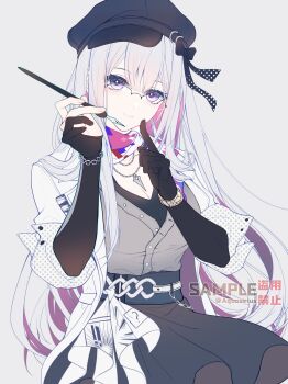 1girl aqueasirius belt beret bracelet breasts bright_pupils chain chinese_commentary cleavage colored_inner_hair commentary_request elbow_gloves finger_to_mouth glasses gloves hat highres holding holding_pen honkai:_star_rail honkai_(series) jacket jewelry long_hair multicolored_hair neckerchief necklace nib_pen_(object) nihilux_(honkai:_star_rail) open_clothes open_jacket pen purple_eyes sample_watermark shirt shushing simple_background skirt very_long_hair watermark white_hair