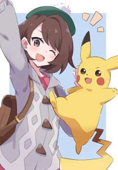 1girl ;d absurdres arm_up bag blue_background blush border brown_bag brown_eyes brown_hair cardigan commentary_request dress gen_1_pokemon gloria_(pokemon) green_hat grey_cardigan hand_up hat highres long_sleeves looking_at_viewer nintendo notice_lines one_eye_closed open_mouth pikachu pink_dress piyo_to_game pokemon pokemon_(creature) pokemon_swsh short_hair smile tam_o&#039;_shanter white_border