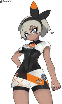 1girl bea_(pokemon) black_bodysuit black_hairband blonde_hair bodysuit bow_hairband closed_mouth commentary dynamax_band firstw1 grey_eyes hair_between_eyes hairband highres korean_text looking_down nintendo pokemon pokemon_swsh print_shirt print_shorts shirt short_hair short_sleeves shorts simple_background solo tied_shirt translation_request twitter_username white_background