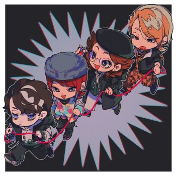 4boys :d :o akune_rindo arima_seigen asymmetrical_bangs bags_under_eyes beret black_background black_coat black_eyes black_hair black_hat black_jacket black_pants black_shoes black_shorts black_vest blonde_hair blue_eyes blue_streaks border bottle bright_pupils brown_hair buttons chibi chibi_only chromatic_aberration coat cocked_eyebrow collared_shirt college_shirt commentary curly_hair desperado-004 double-breasted earrings expressionless film_grain from_above fur_hat glasses green_hoodie grey_hat grey_outline grey_streaks half-closed_eyes hat holding holding_bottle holding_rope hood hood_down hooded_coat hooded_vest hoodie hypnosis_mic hypnosis_mic:_rule_the_stage index_finger_raised jacket jewelry jikuin_jyobu jitome jumpsuit light_frown long_sleeves looking_at_another looking_at_object looking_to_the_side male_focus medium_hair mullet multicolored_hair multicolored_sweater multiple_boys necklace open_clothes open_coat open_jacket open_mouth open_vest orange_jumpsuit outline pants parted_bangs pinstripe_pattern pinstripe_vest print_jumpsuit queue raised_eyebrows red_hair ring rope round_eyewear shirt shoes short_hair shorts silver_earrings smile sneakers streaked_hair striped_clothes striped_shirt stud_earrings sweater sweatpants swept_bangs track_pants two-tone_hoodie user_ajrm3578 ushanka vest walking wavy_hair white_border white_hoodie white_pants white_pupils white_shirt white_sweater yagasaki_ibuki