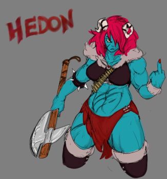 Rule 34 | 1girl, abs, ammunition belt, armlet, axe, bare shoulders, battle axe, black boots, black tank top, blue skin, boots, breasts, closed mouth, colored skin, commentary, copyright name, cowboy shot, crystal necklace, demon girl, demon horns, english commentary, facial scar, female orc, frown, fur-trimmed boots, fur-trimmed bracer, fur-trimmed crop top, fur trim, gorgus9, grey background, grey horns, hair over one eye, hand up, hedon bloodrite, holding, holding axe, horns, jewelry, long hair, looking to the side, medium breasts, middle finger, midriff, multiple scars, muscular, muscular female, orange eyes, orc, pelvic curtain, red hair, red nails, scar, scar on cheek, scar on face, scar on stomach, scar on thighs, simple background, solo, spiked armlet, tank top, thick thighs, thigh boots, thighs, weapon, zan (hedon)