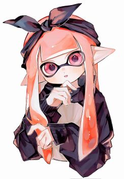 1girl black_hairband black_jacket bow_hairband fang hairband highres inkling inkling_girl inkling_player_character jacket kodak_painter long_hair looking_at_viewer nintendo open_mouth pink_hair pointy_ears red_eyes simple_background smile solo splatoon_(series) splatoon_3 tentacle_hair upper_body white_background