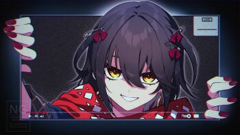 1boy androgynous black_hair bow mp3_player grin hair_between_eyes hashtag-only_commentary highres looking_at_viewer male_focus mashiro_meme mashiro_meme_(1st_costume) nail_polish nijisanji red_bow red_nails red_scarf safety_pin_hair_ornament scarf short_hair smile solo static trap two_side_up upper_body virtual_youtuber yellow_eyes yua_(ya_v00v)