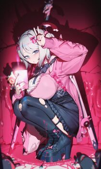 Rule 34 | 1girl, absurdres, black skirt, black thighhighs, breasts, cellphone, collar, commentary request, faust (project moon), grey eyes, high heels, highres, jacket, jin rou, large breasts, limbus company, looking at viewer, open clothes, open jacket, parted lips, phone, pink collar, pink jacket, pink shirt, platform shoes, project moon, shirt, shoes, short hair, skirt, smartphone, solo, squatting, thighhighs, v, white hair