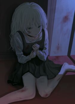 1girl absurdres barefoot black_dress blood blood_on_clothes blood_on_face blood_on_ground blood_on_wall cuts dress gem green_eyes green_gemstone highres implied_self-harm indoors injury jewelry kyano_(kyanora3141) long_sleeves medium_hair no_nose on_ground original own_hands_together pendant pinafore_dress pleated_dress scratches shirt sidelocks sitting sleeveless sleeveless_dress solo wariza white_hair white_shirt