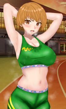 1girl alternate_breast_size angry annoyed armpit_crease armpit_focus armpit_peek armpit_stubble armpits arms_behind_head arms_up atlus bare_shoulders belly blush bob_cut bra breasts brown_eyes brown_hair collarbone cowboy_shot disgust dragon eddarxart exhausted green_leggings green_sports_bra heavy_breathing large_breasts leggings looking_at_viewer midriff navel open_mouth persona persona_4 persona_4_the_golden pov running_track satonaka_chie short_hair skindentation smell solo solo_focus sports_bra sports_uniform sportswear standing steaming_body stomach sweat sweatdrop sweaty_clothes thighs tomboy toned toned_female toned_stomach track track_and_field track_uniform training training_bra underwear very_short_hair