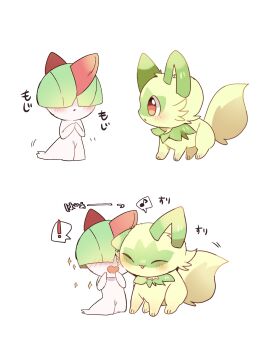 ! absurdres animal_focus blush cat closed_eyes commentary_request gen_3_pokemon green_fur highres nintendo open_mouth pokemon pokemon_(creature) pokemon_focus ralts simple_background speech_bubble spoken_exclamation_mark sprigatito tail tongue tongue_out white_background yupo_0322