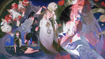 6+girls absurdres aglaea_(honkai:_star_rail) black_hair blonde_hair colored_inner_hair cyrene_(demiurge)_(honkai:_star_rail) cyrene_(honkai:_star_rail) detached_sleeves dress earrings flower frills gloves greco-roman_clothes grey_hair hair_ornament hashtag-only_commentary highres honkai:_star_rail honkai_(series) hysilens_(honkai:_star_rail) jacket jewelry laurel_crown lisa_(mochii_lisa) multicolored_hair multiple_girls own_hands_together pink_hair pointy_ears red_hair rose shoes shrug_(clothing) single_earring skirt stelle_(honkai:_star_rail) trailblazer_(honkai:_star_rail) trianne_(honkai:_star_rail) tribbie_(honkai:_star_rail) trinnon_(honkai:_star_rail) white_dress