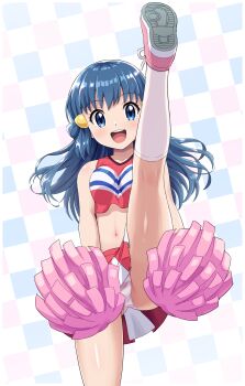 1girl absurdres bare_shoulders blue_eyes blue_hair blush breasts cheerleader commentary_request crop_top dawn_(pokemon) hair_ornament hairclip highres holding holding_pom_poms long_hair looking_at_viewer medium_breasts midriff navel nintendo official_alternate_costume open_mouth panties pokemoa pokemon pokemon_(anime) pokemon_the_series:_diamond_and_pearl pom_pom_(cheerleading) pom_poms shoes skirt sleeveless smile socks solo split standing standing_on_one_leg standing_split striped_clothes striped_panties teeth underwear upper_teeth_only white_socks