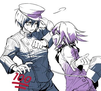 Rule 34 | 100 points emoji, 2boys, absurdres, black hair, buttons, checkered clothes, checkered scarf, collared jacket, danganronpa (series), danganronpa v3: killing harmony, double-breasted, flipped hair, hair between eyes, half-closed eye, hat, headwear switch, highres, holding, holding unworn clothes, holding unworn hat, jacket, long sleeves, male focus, monochrome, multiple boys, nn dgrp, oma kokichi, open mouth, pants, pinstripe jacket, pinstripe pattern, purple hair, saihara shuichi, scarf, short hair, simple background, smile, striped clothes, striped jacket, striped pants, sweatdrop, two-tone scarf, unworn hat, unworn headwear, upper body, vertical-striped sleeves, white background