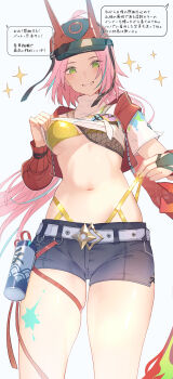1girl absurdres baseball_cap bikini black_shorts breasts clothes_lift commentary_request fake_horns gold_bikini green_eyes hat highres honkai:_star_rail honkai_(series) horned_headwear horns jacket lifting_own_clothes medium_breasts midriff navel paint_on_fingers paint_splatter paint_sprayer pink_hair rappa_(honkai:_star_rail) red_jacket shirt_lift shorts sleeve_tied_shut solo swimsuit translation_request yumegiwa_(skgl_thx)