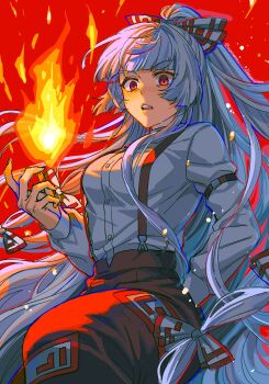1girl bow breasts buttons cowboy_shot dated fire fujiwara_no_mokou hair_bow half_updo hand_in_pocket highres juliet_sleeves long_hair long_sleeves looking_ahead medium_breasts multiple_hair_bows noriuma ofuda ofuda_on_clothes open_mouth pants puffy_sleeves pyrokinesis red_background red_eyes red_pants shirt sidelocks signature sleeve_garter solo suspenders teeth touhou twitter_username two-tone_bow upper_teeth_only very_long_hair white_hair white_shirt