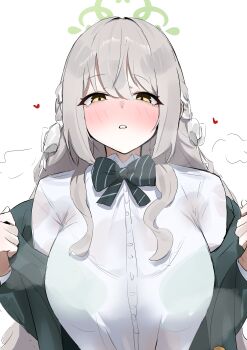 1girl absurdres blue_archive blush bow bowtie braid breasts diagonal-striped_bow diagonal-striped_bowtie diagonal-striped_clothes flower_halo green_bow green_halo green_jacket grey_hair hair_between_eyes hair_bow hair_ribbon halo heart highres jacket large_breasts long_hair long_sleeves looking_at_viewer miyo_(blue_archive) off_shoulder practicerecord ribbon ribbon_braid see-through_clothes shirt solo striped_bow striped_bowtie striped_clothes upper_body white_shirt yellow_eyes