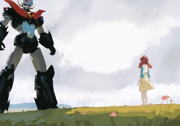 1girl absurdres brown_hair cobwvmeti crossover day dress field grass hashtag-only_commentary highres idolmaster idolmaster_shiny_colors komiya_kaho low_twintails mazinger_(series) mazinkaiser mazinkaiser_(robot) mecha outdoors robot solo standing twintails yellow_dress