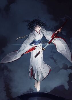 1girl barefoot black_hair blue_sash closed_mouth feet full_body highres holding holding_sword holding_weapon japanese_clothes kara_no_kyoukai katana kimono obi ryougi_shiki sash sheath short_hair sksk_sn09 solo sword toes weapon white_kimono wide_sleeves