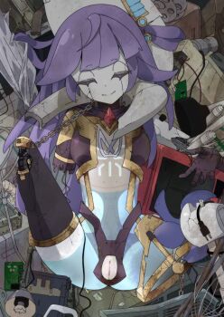 1girl broken chain closed_eyes closed_mouth collar commentary_request cracked_skin duel_monster galatea-i_the_orcust_automaton galatea_the_orcust_automaton gem highres humanoid_robot ib_(yu-gi-oh!) joints junk long_hair paid_reward_available purple_hair pussy robot robot_girl robot_joints see-through_body smile solo urasuka yu-gi-oh!
