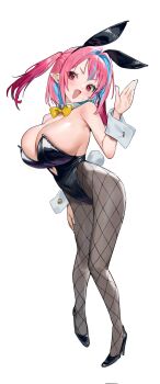 1girl animal_ears bare_shoulders black_leotard black_pantyhose black_shoes blue_hair blush bow bowtie breasts clothing_cutout colored_inner_hair commentary_request covered_navel detached_collar fang fishnet_pantyhose fishnets full_body hair_horns hair_intakes heart_cutout high_heels highres huge_breasts kanan-sama_wa_akumade_choroi kanan_(kanan-sama) leotard medium_hair multicolored_hair nonco open_mouth pantyhose pink_eyes pink_hair playboy_bunny pointy_ears rabbit_ears rabbit_tail revision salute shoes simple_background slit_pupils smile solo strapless strapless_leotard streaked_hair sweatdrop tail thighs two-tone_hair two_side_up white_background white_tail white_wrist_cuffs wrist_cuffs yellow_bow yellow_bowtie