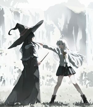 2girls absurdres black_boots black_hair black_skirt blue_eyes boots closed_eyes commentary_request elaina_(majo_no_tabitabi) fran_(majo_no_tabitabi) hair_between_eyes hat highres majo_no_tabitabi multiple_girls shirt skirt thighs user_camd7325 white_hair white_shirt witch_hat