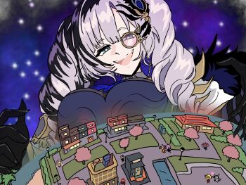 6+girls anonymous_npc anya_melfissa apartment blue_eyes box breasts elizabeth_rose_bloodflame giant giantess gigi_murin globe highres hololive hololive_english hololive_indonesia kureiji_ollie lamppost large_breasts monocle mori_calliope multicolored_hair multiple_girls pavolia_reine pavolia_reine_(5th_costume) river shiori_novella smile stick_figure tomodachi_life tree vestia_zeta virtual_youtuber white_hair