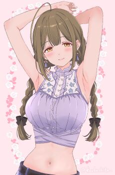 1girl absurdres ahoge alternate_hairstyle armpit_focus armpits arms_behind_head arms_up belt black_ribbon blush braid breasts brown_eyes brown_hair closed_mouth crop_top denim earrings hair_ribbon hands_in_own_hair highres huge_ahoge idolmaster idolmaster_shiny_colors jewelry koukashita kuwayama_chiyuki large_breasts long_hair looking_at_viewer midriff navel pants ribbon shirt sleeveless sleeveless_shirt smile solo twin_braids