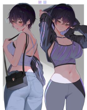 1girl absurdres ass bag black_hair breasts brown_eyes closed_mouth commentary cropped_jacket denim grey_background highres hood hooded_jacket jacket jeans large_breasts looking_at_viewer midriff multiple_views myabit navel open_clothes open_jacket open_mouth original pants short_hair shoulder_bag simple_background stomach tight_clothes tight_pants two-tone_background white_background